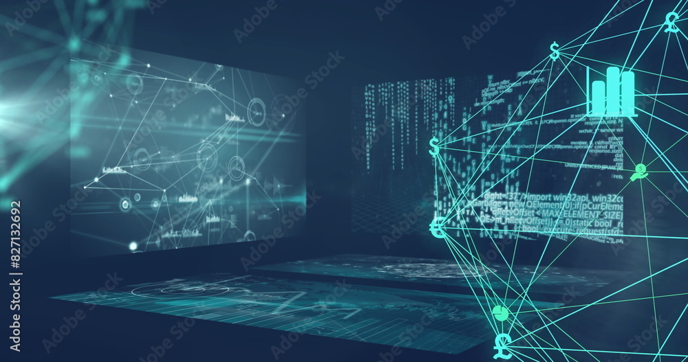 Poster image of network of connections and data processing on black background