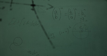 Image of mathematical data processing over green chalkboard