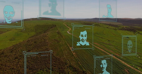 Image of photos of diverse people over fields