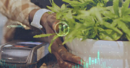 Image of data processing over contactless payment with card on terminal