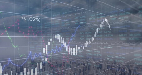 Image of graphs and processing data over modern cityscape