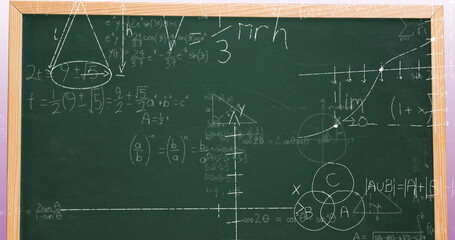 Image of mathematical data processing over green chalkboard