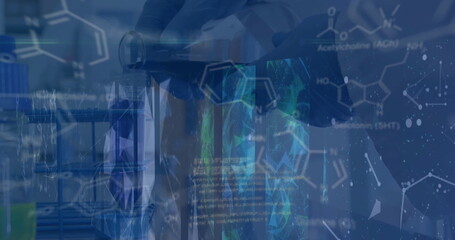 Image of chemical formula and data processing over caucasian scientist holding beaker in lab