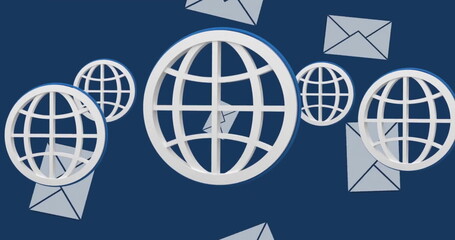 Image of globes, envelopes and data processing over blue background