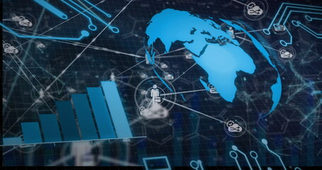 Image of connections and globe, data processing over black background