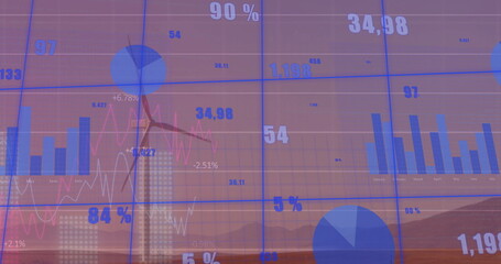 Image of financial data processing over wind turbine