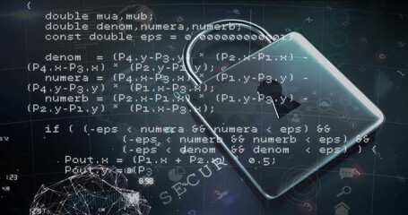 Image of padlock, connections and data processing over dark background