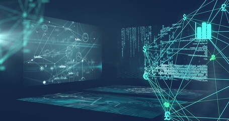 Image of network of connections and data processing on black background