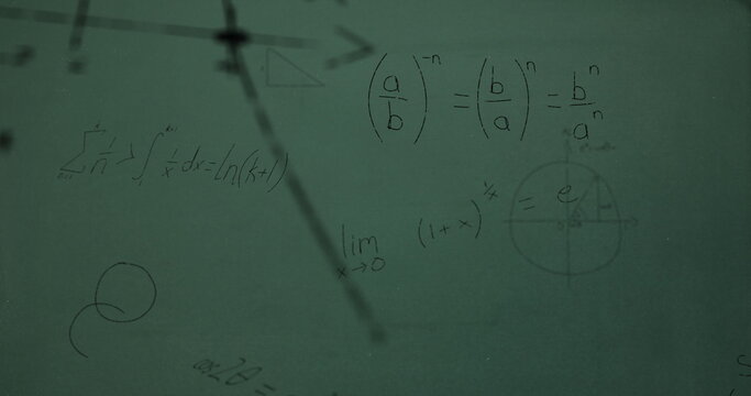 Image of mathematical data processing over green chalkboard