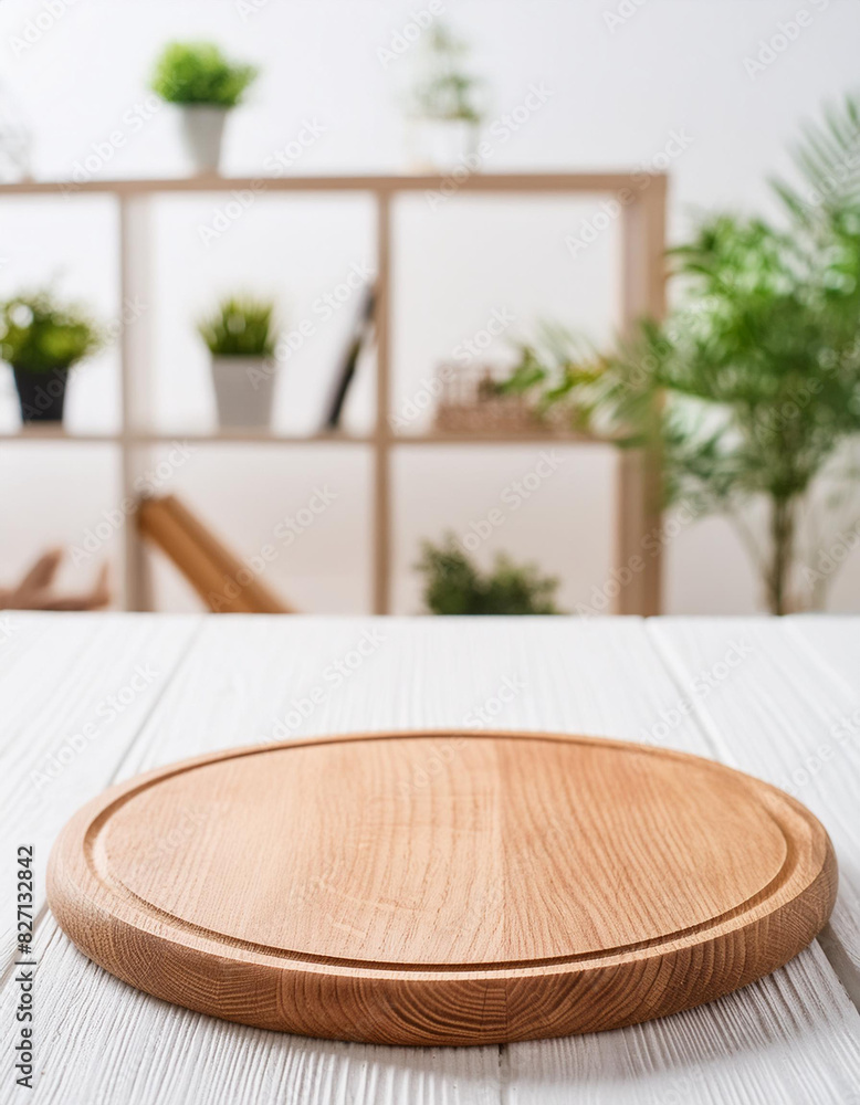 Poster empty table board and defocused indoor background. product display concept, high key light