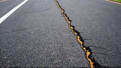 Asphalt road with deep, jagged cracks snaking across surface, remnants of powerful earthquakes, destructive effects. Green grass grows on side of road. Road markings help you navigate. Copy space.