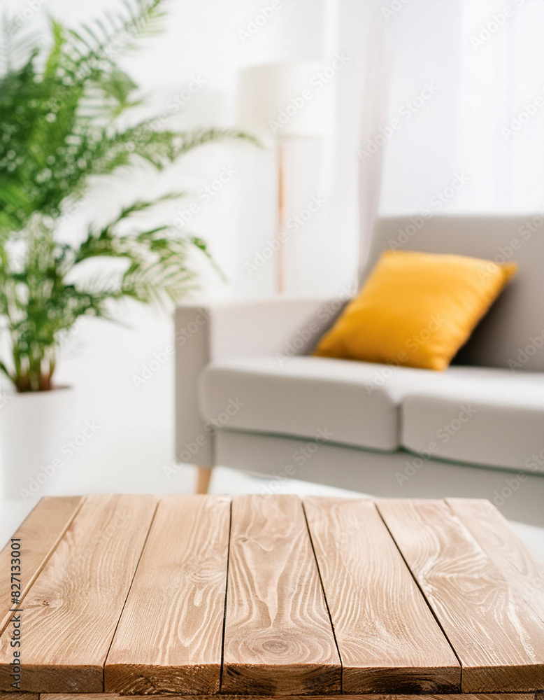 Poster empty table board and defocused indoor background. product display concept, high key light