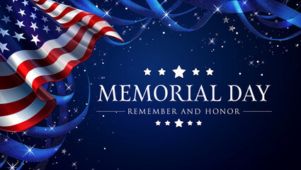 Memorial Day with copy space. American flag create with wavy ribbon. Happy independence day background with star pattern and stripes flag banner.