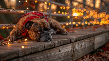  A brown-black dog rests atop a wooden bench, donning a red harness Behind the fence, string lights glow - Powered by Adobe