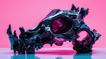 Obraz premium A tight shot of a purple-black object against a pink backdrop, reflecting in the pink floor surface in the foreground