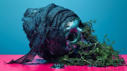  A human head sculpture adorned with emergent vegetation, set against a pink-blue backdrop The background is framed as a rectangular blue expanse