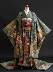 Naklejka premium A traditional Japanese wedding kimono with a green background and floral pattern