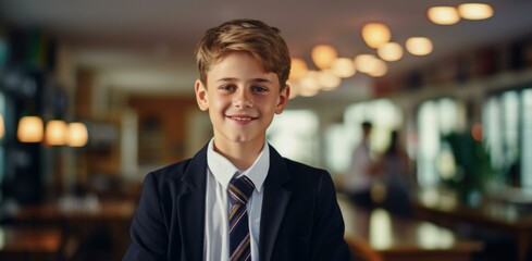 Fototapeta premium A boy in a suit and tie standing in a restaurant. Generative AI.