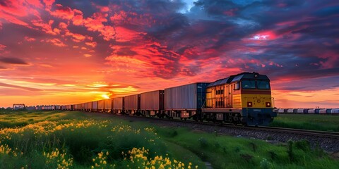A train carrying cargo containers moves under a vibrant red sunset. Concept Transportation, Cargo Containers, Train, Sunset, Vibrant Red
