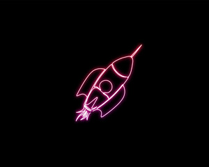 Neon light glow of Flying rocket ship. Continuous one line drawing of rocket space ship.