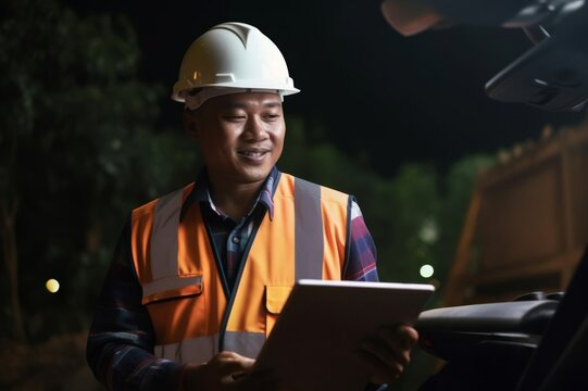 field service and support engineer solution. shot of a senior male japanese civil engineer or surveyor engineer doing daily report on a tablet inside car during onsite survey