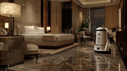 An AI housekeeping robot cleaning rooms in a luxury hotel