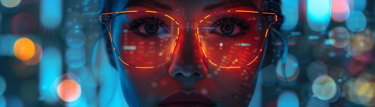 Close-up of a woman wearing neon glasses, reflecting data and lights, intensely analyzing information in a high-tech environment.