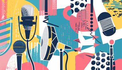 Fantasy Apartment Studio: A Vibrant Collage of Creative Artwork for Podcast Recording and Interviews