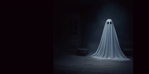 Ghost in white sheet over dark background. Haunted house