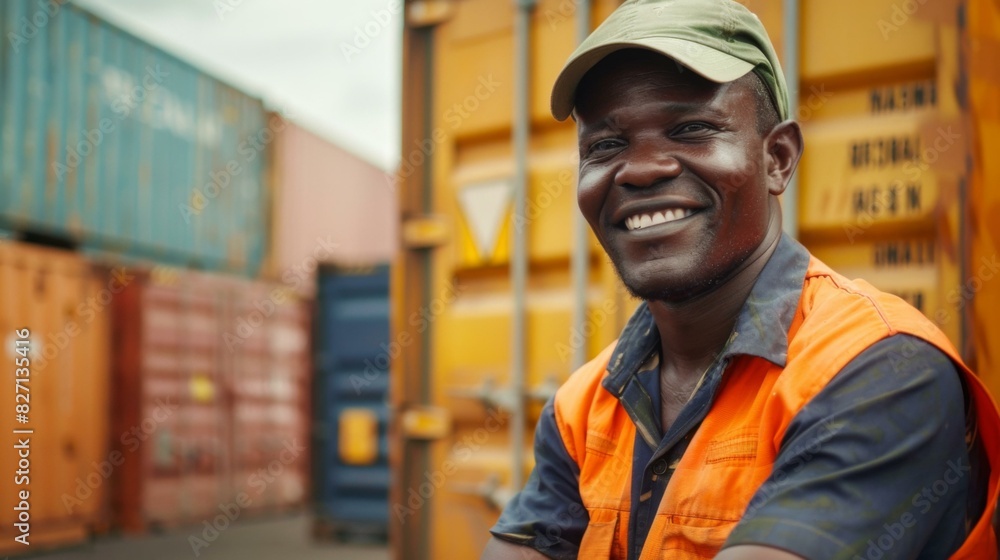 Poster a man in orange vest smiling while standing next to containers. generative ai.