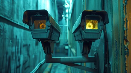 Close-up of two surveillance cameras mounted in a narrow urban alleyway, highlighting security and monitoring in a city environment.
