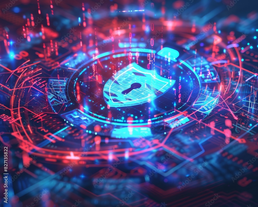 Poster an abstract representation of personal cybersecurity, combining elements of a shield, lock, and digi