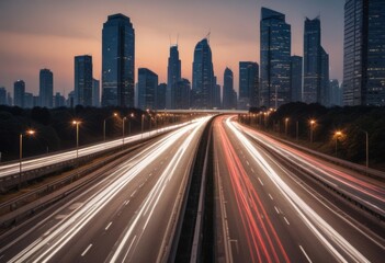 Fototapeta premium Light flow of traffic on a evening highway in a city with modern high buildings