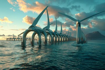 An awe-inspiring illustration of a futuristic tidal turbine farm set against a vibrant oceanic backdrop in photorealistic 3D