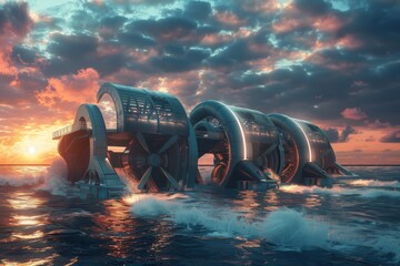 An awe-inspiring illustration of a futuristic tidal turbine farm set against a vibrant oceanic backdrop in photorealistic 3D