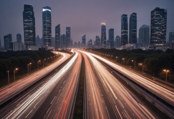 Naklejka premium Light flow of traffic on a evening highway in a city with modern high buildings