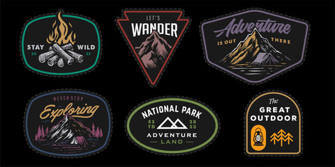 set collection of vintage adventure colorful badge. Camping emblem logo with mountain illustration in retro hipster style.