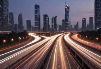 Fototapeta premium Light flow of traffic on a evening highway in a city with modern high buildings