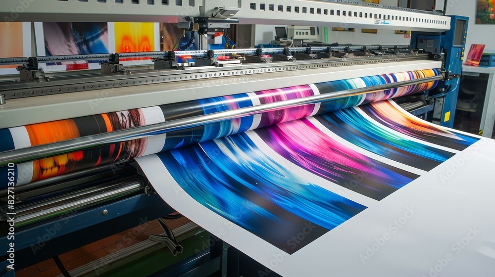 Poster a large machine that is printing a bunch of different colors. generative ai.