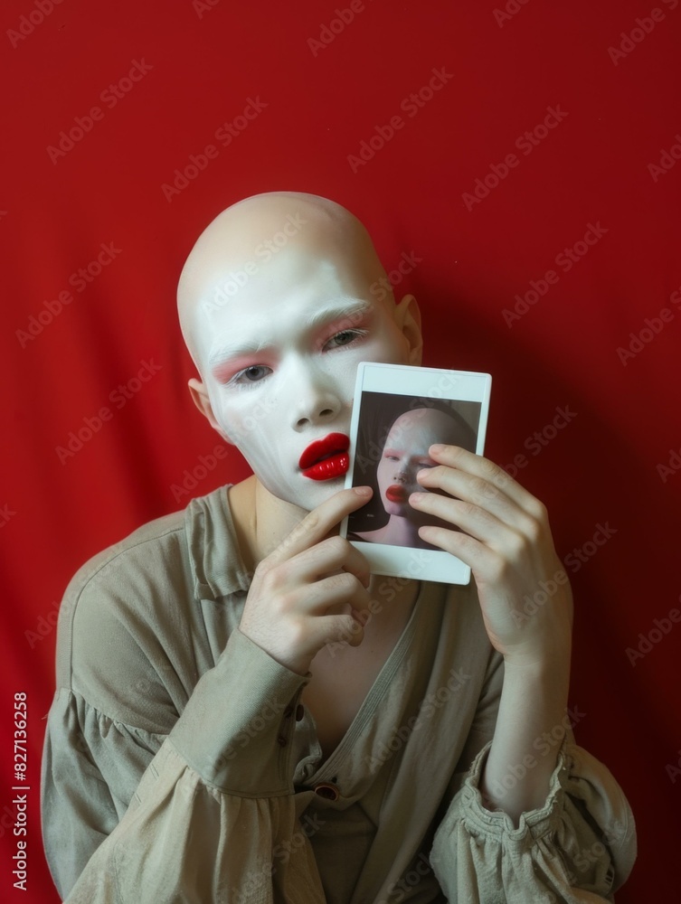 Poster a person with a white face holding up an image of themselves. generative ai.