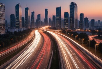 Fototapeta premium Light flow of traffic on a evening highway in a city with modern high buildings