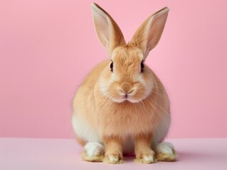 Obraz premium A brown rabbit sitting on a pink background with white fur. Generative AI.