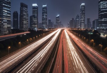 Naklejka premium Light flow of traffic on a evening highway in a city with modern high buildings