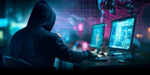 Hacker breaking into security network system stealing user personal data and financial information. Cyber crime attack, fraud and malware threat in digital transaction against business data protection
