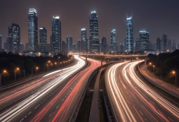 Fototapeta premium Light flow of traffic on a evening highway in a city with modern high buildings