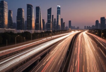 Fototapeta premium Light flow of traffic on a evening highway in a city with modern high buildings