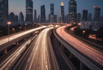 Fototapeta premium Light flow of traffic on a evening highway in a city with modern high buildings