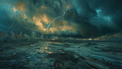 An oil painting of a dystopian landscape ravaged by climate change