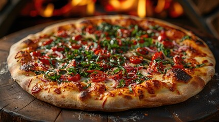 A gourmet pizza with fresh ingredients on a rustic brick oven background 
