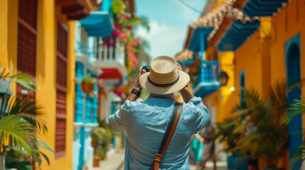 A man in a hat taking pictures of colorful buildings. AI. - Powered by Adobe